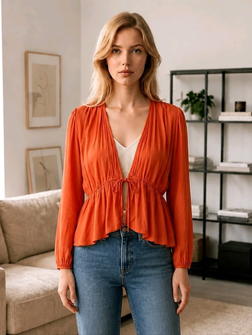 Wilfred by Aritzia Shanina Tie-Front V-Neck Long Sleeve Blouse Orange Red